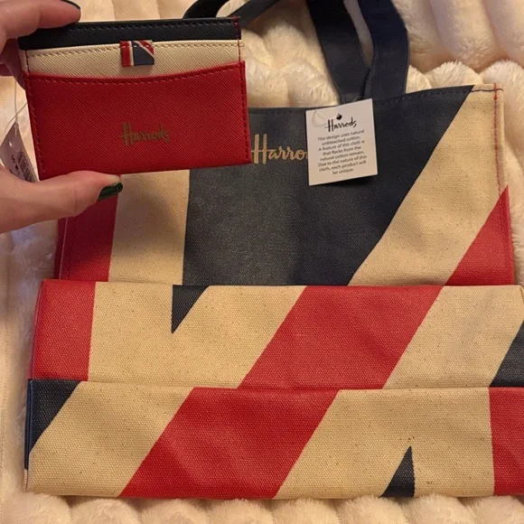 Harrods Red, Navy & Cream Union Jack Tote with Matching Card Holder - Picture 3 of 6